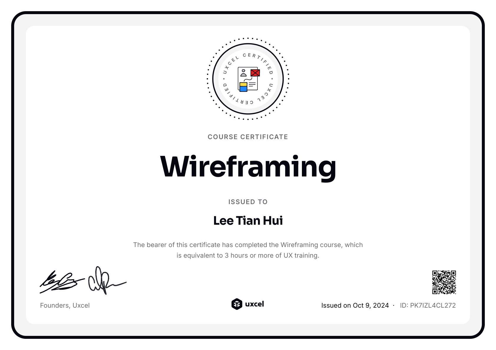 Lee Tian Hui's certificate